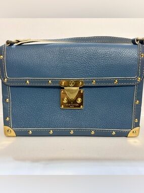 Louis Vuitton Blue Leather Studded Malle Clutch Trunk | Rare | Made in France